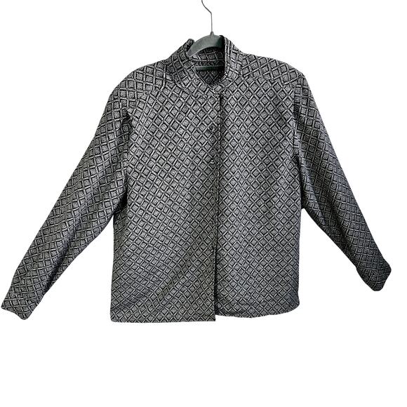 Worthington Women's 14 Long Sleeve Button Up Diamond Medallion Print Black Gray - Picture 1 of 6